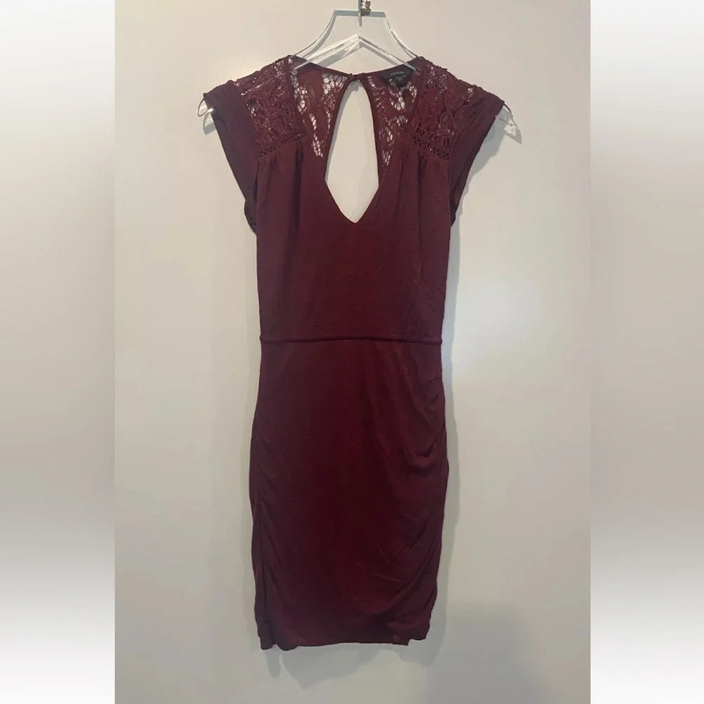 Guess Burgundy Lace Faux Wrap Bodycon Dress Womens‎ Size XS (861)